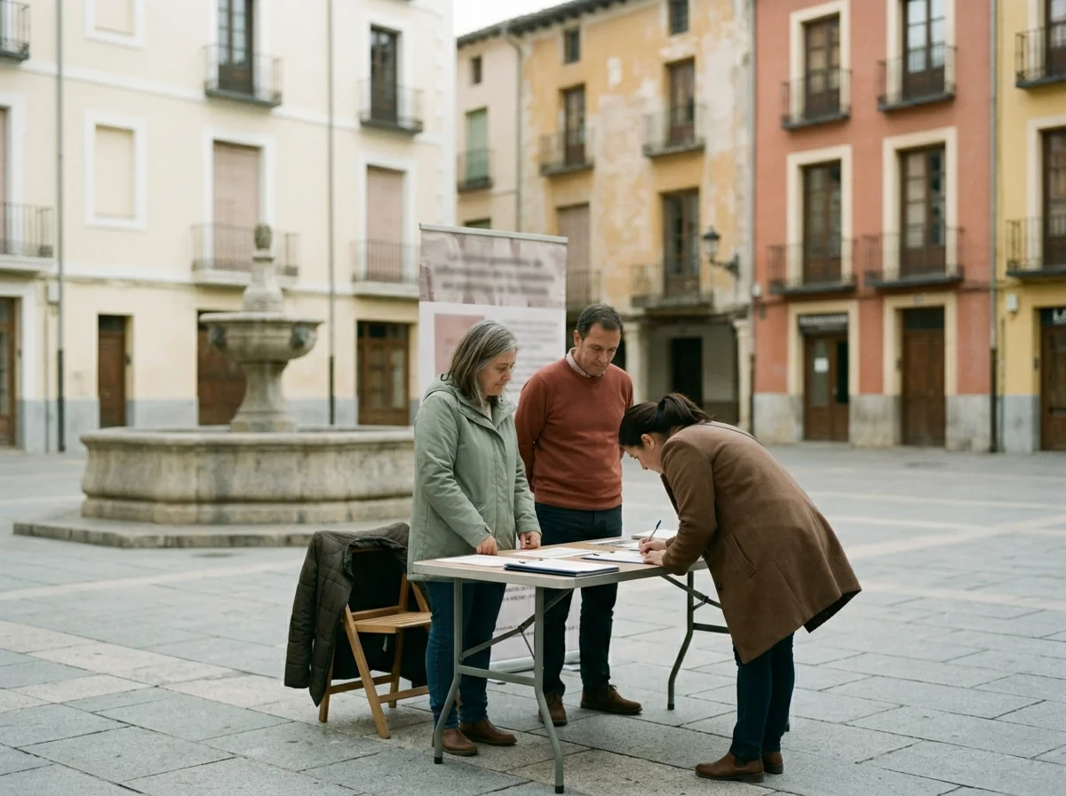 Mesa informativa en una plaza española con dos voluntarios y un viandante firmando un formulario, con una fuente al fondo.